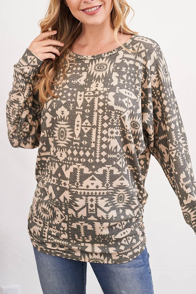 Scoop neck aztec print long sleeve top (EF2775)