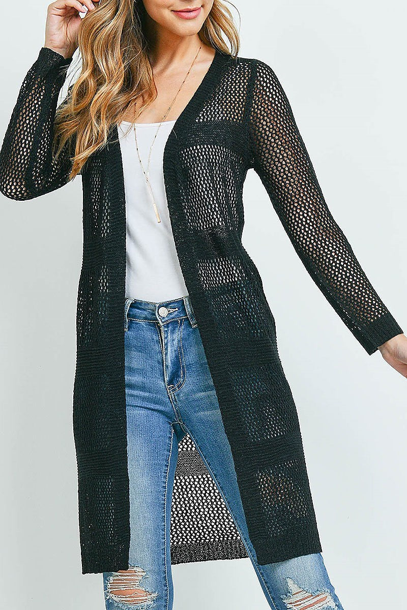 Sheer stripe long line crochet sheer cardigan (ED9492)