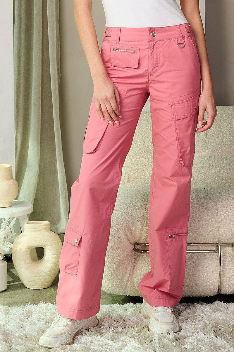 Button closure cargo pockets wide leg pants (EFWT9294-1)