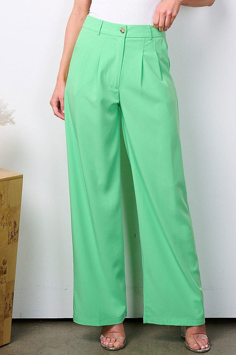 Button closure high waist wide leg pockets pants (EFWT7528)