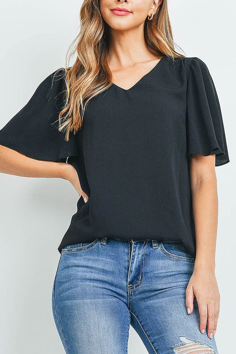 Waterfall sleeve v neck round hem top (ED9956)