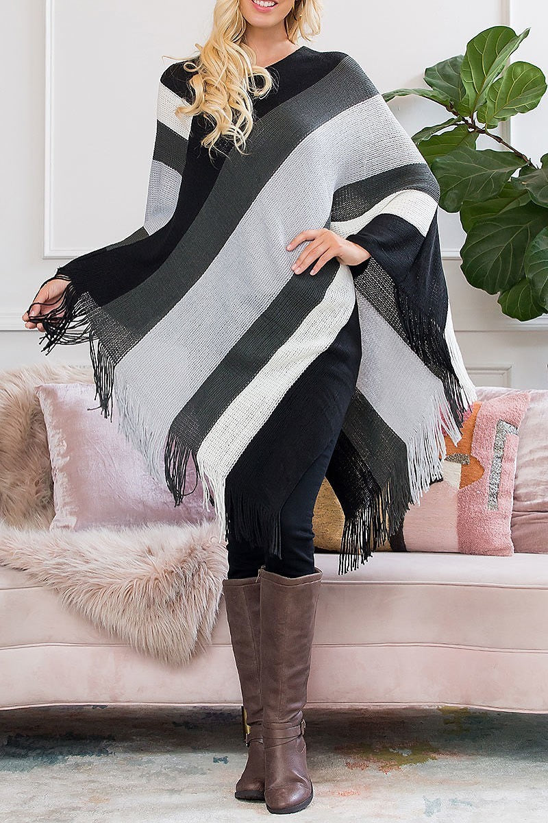 Color block fringe sweater poncho (DGS6331)