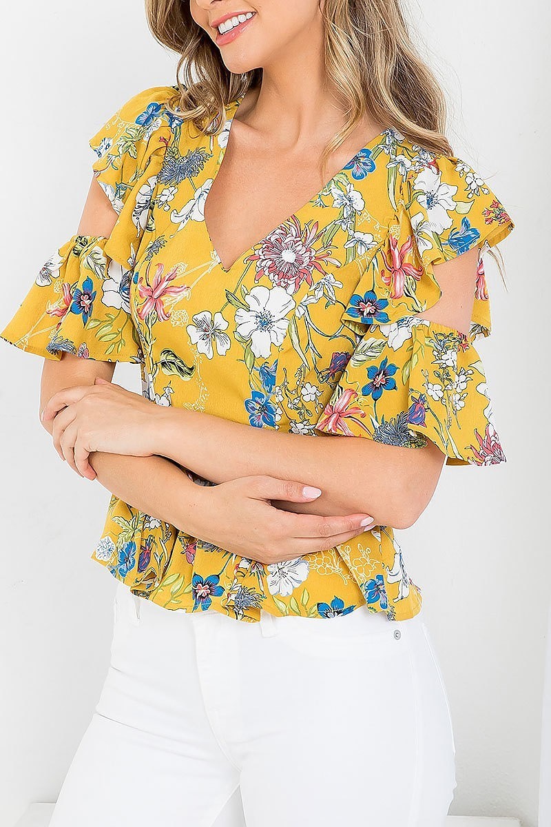 Floral print v neck cut out sleeve top (EF3553-MW1D)