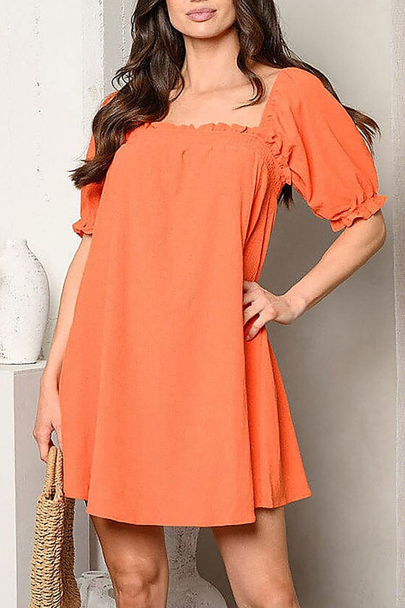 Short puff sleeve square neck tunic mini dress (EDWT9524)