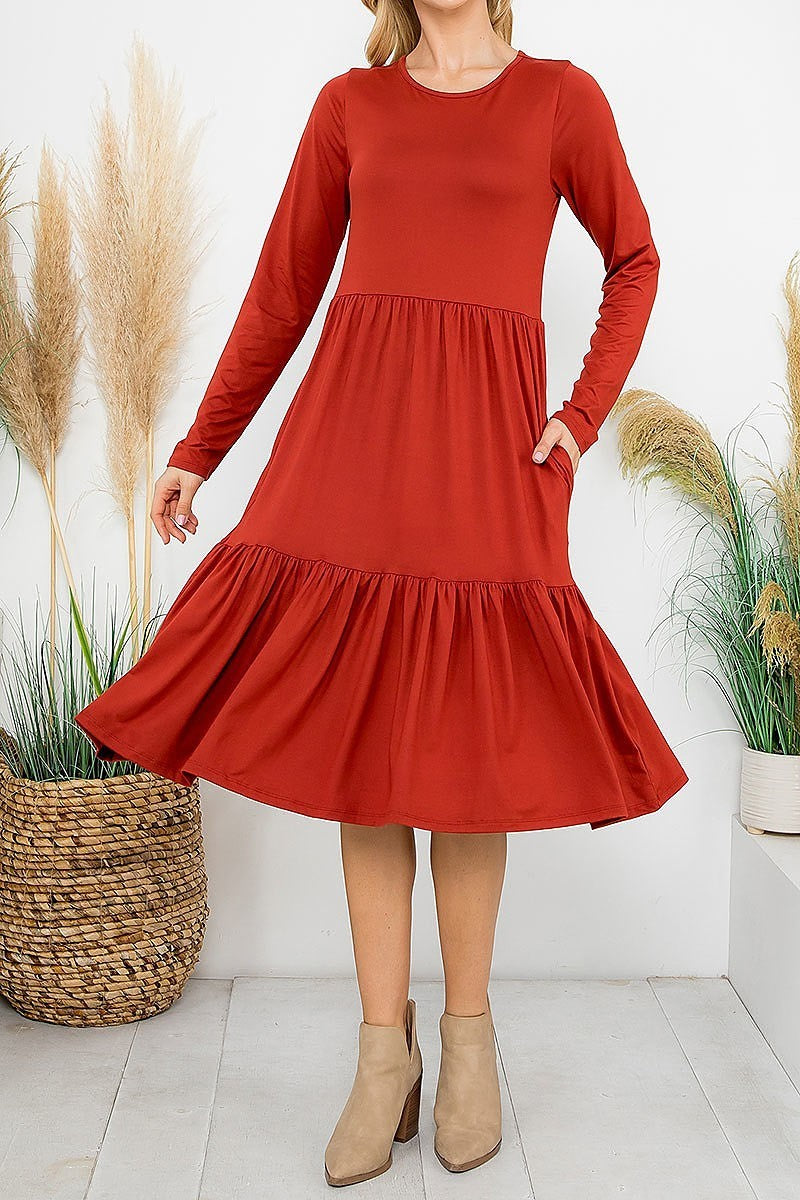 Solid long sleeve tiered pocket flare dress (DED8853)