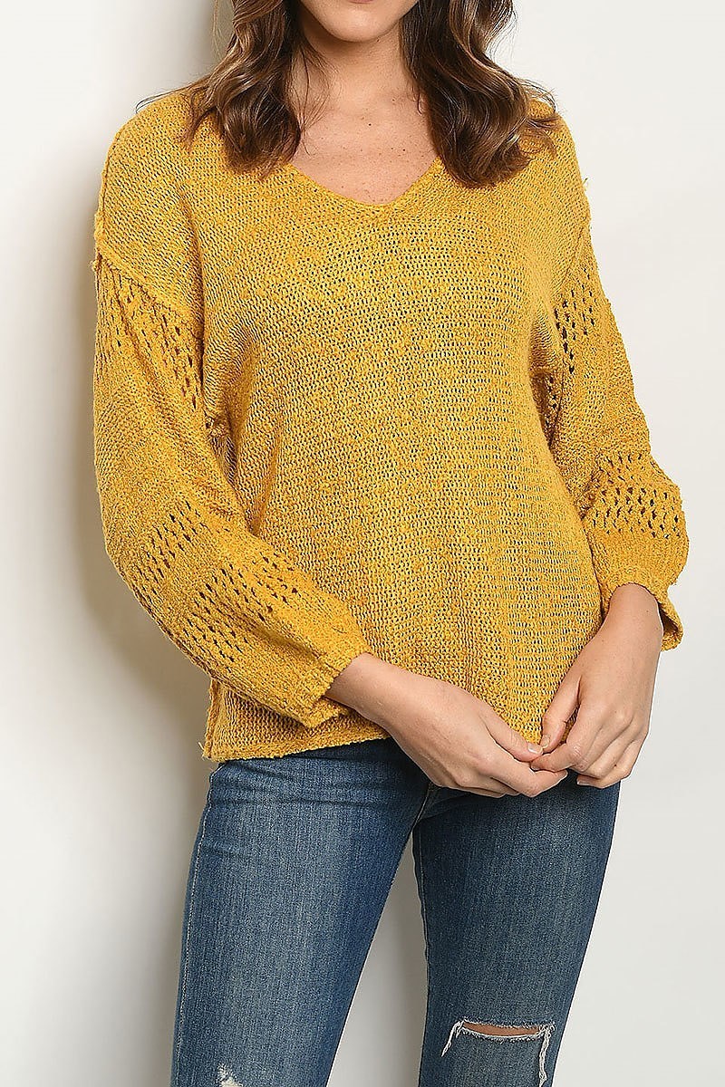 V neck crochet bubble sleeve sweater (DGS4848-3)