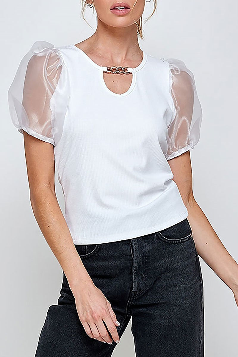 Sheer puff sleeve chain neck detail top (ED9483)