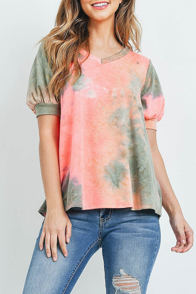 Puff sleeves v neck tie dye top (ED9163)