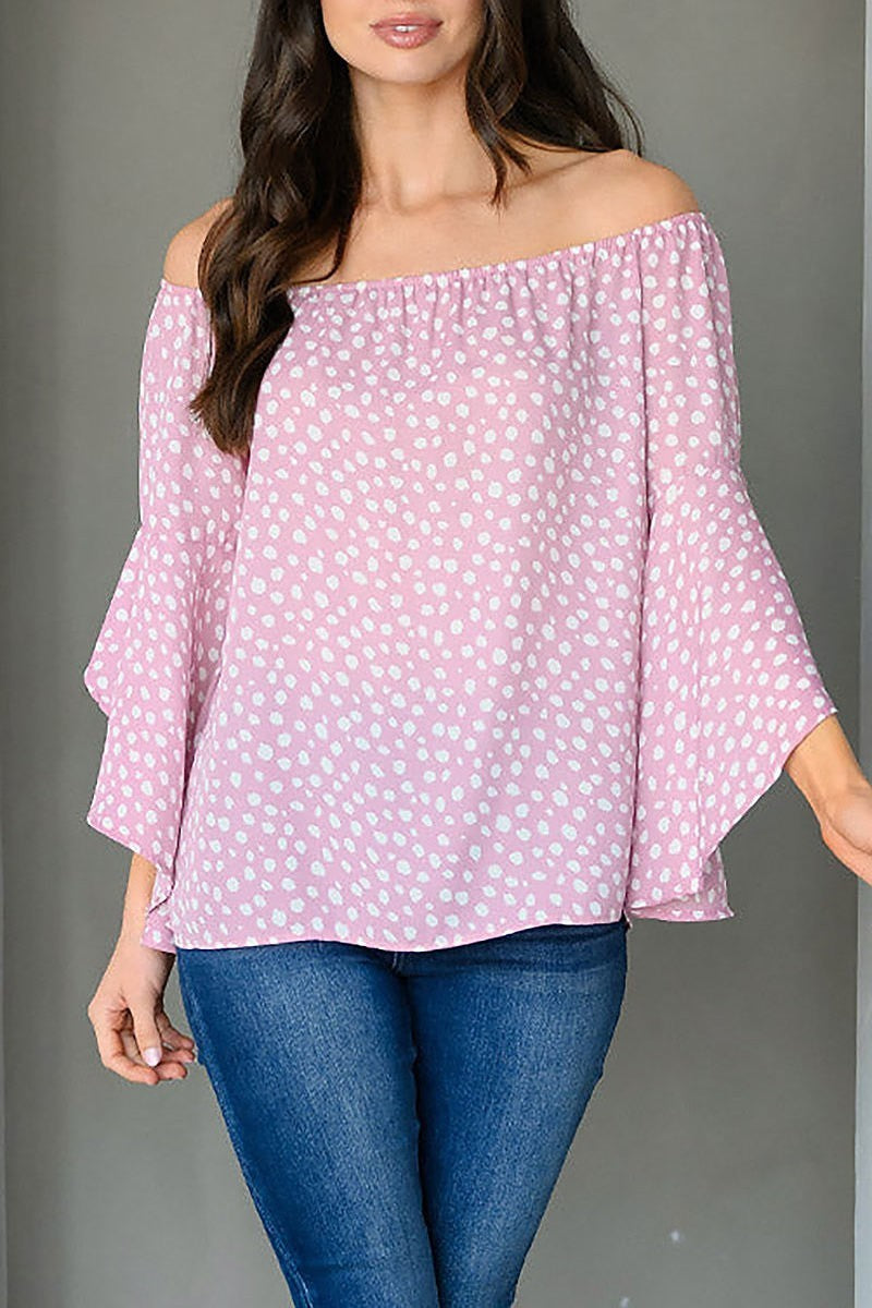 Off shoulder bell sleeve animal print tunic top (EDWT9403)