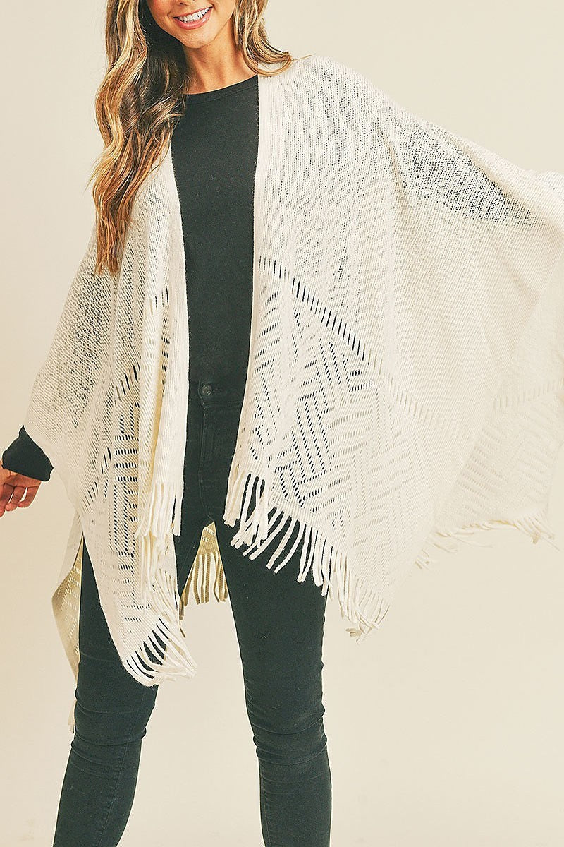 Herringbone knit fringe ruana kimono fringe (DGS5738)