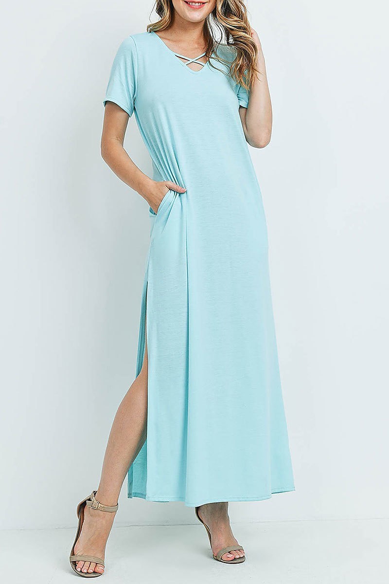 Crisscross neck short sleeve maxi pocket dress (DED6217)