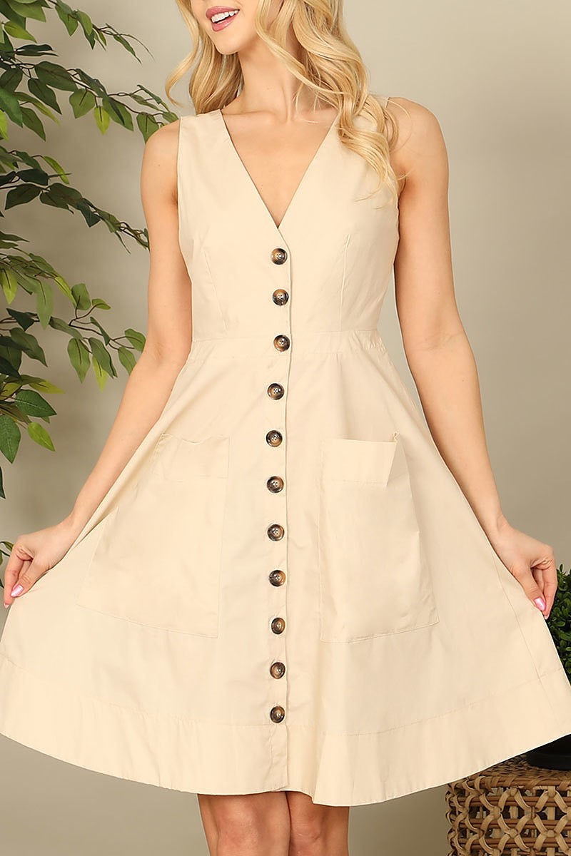 Sleeveless v-neck button detail solid dress (DED9184)