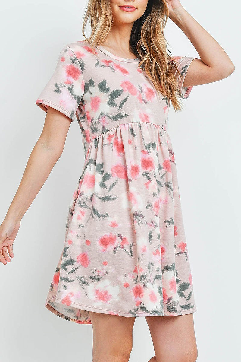 Painterly floral print short sleeves dress (DED6047)