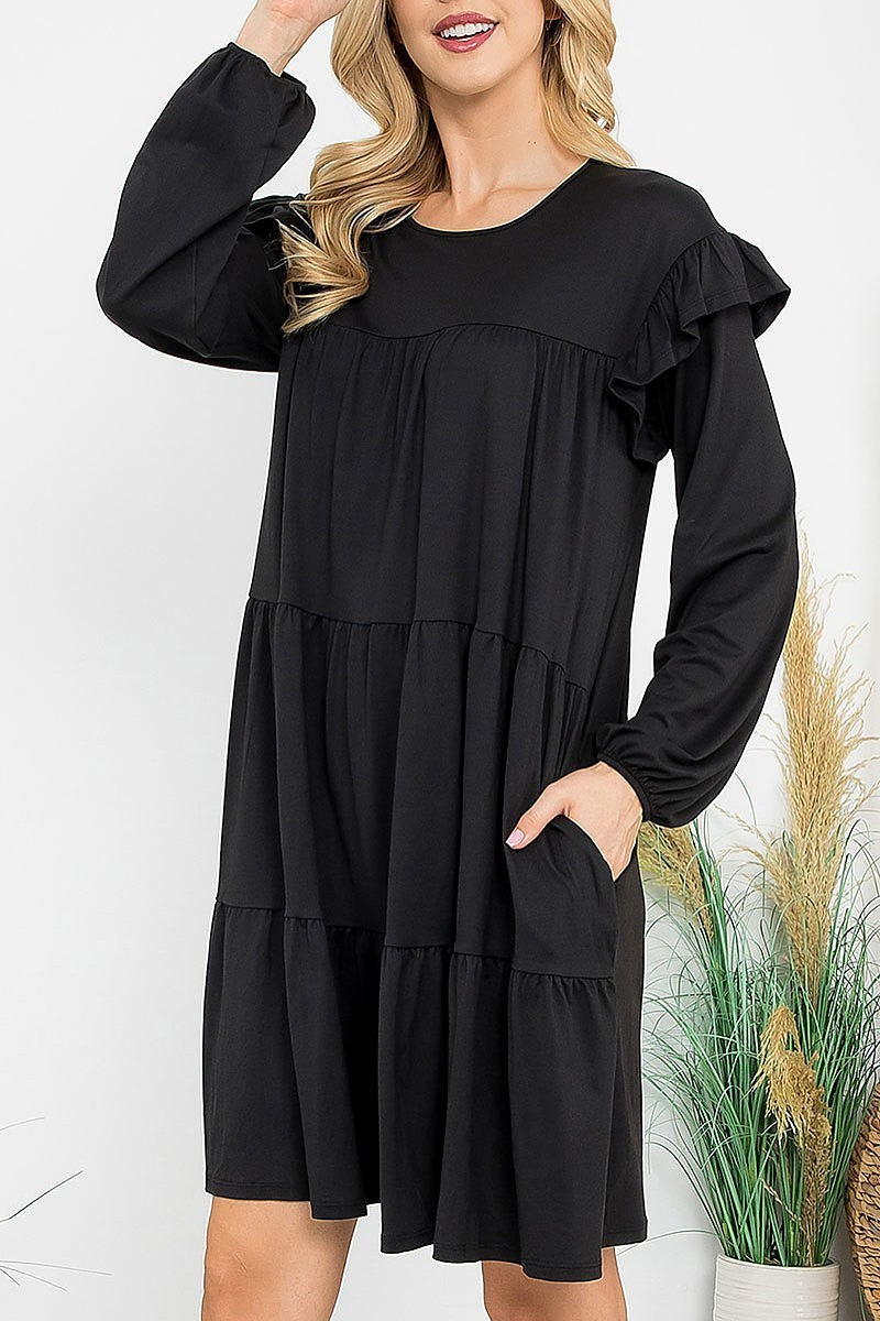 Long sleeve ruffle detail solid dress (DED8851-2)