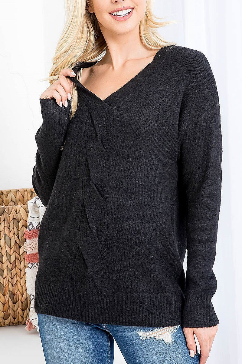 Cable design v neck sweater (DGS5361-1)