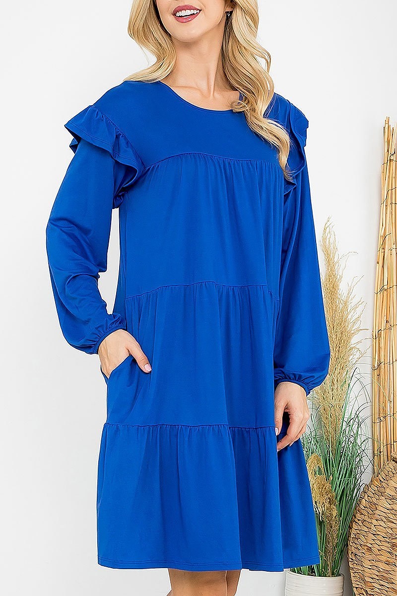 Long sleeve ruffle detail solid dress (DED8851-2)