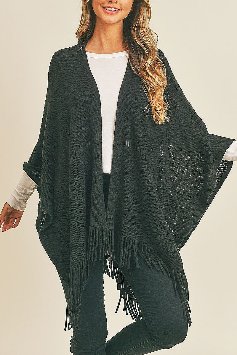 Herringbone knit fringe ruana kimono fringe (DGS5738)