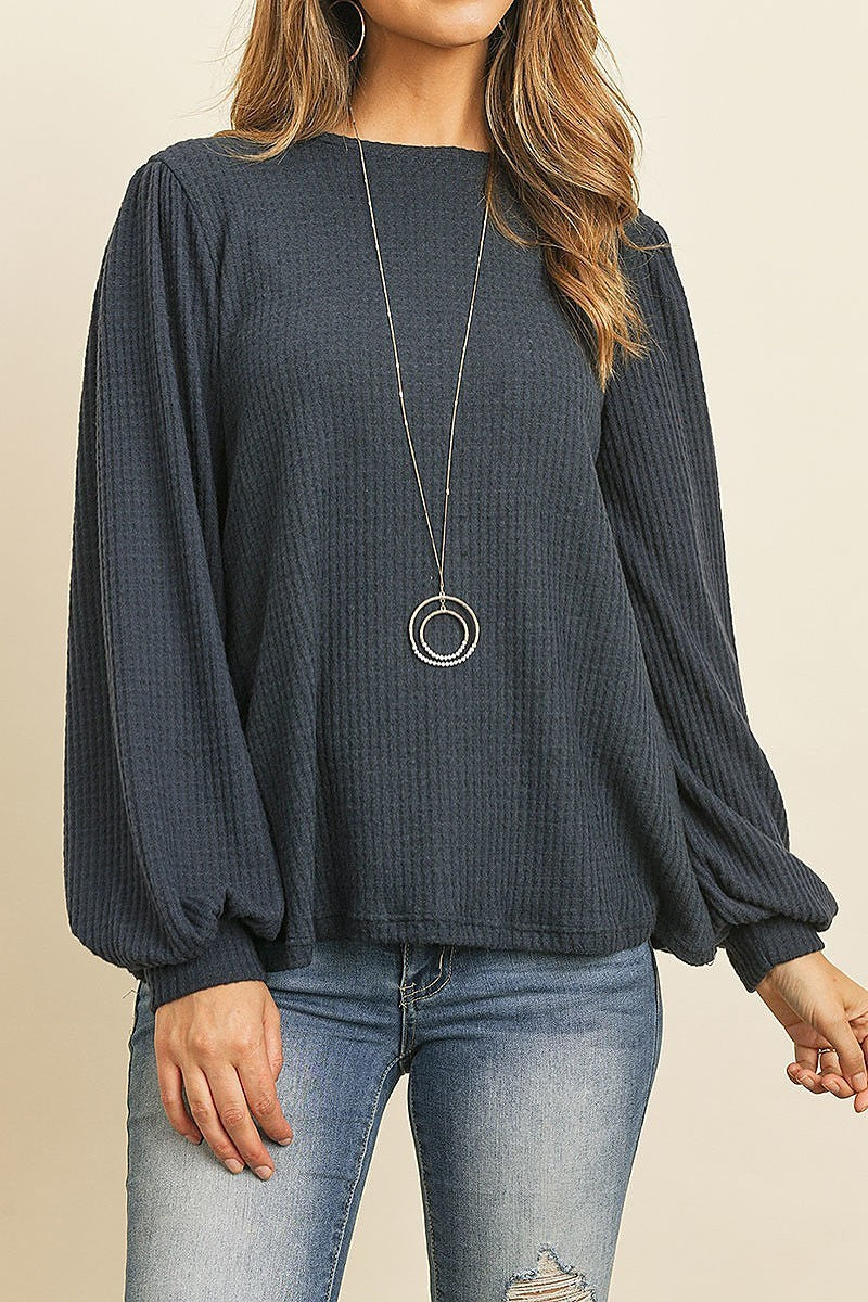 Long puff sleeve round neck waffle brushed loose fit top (ED8100-8)