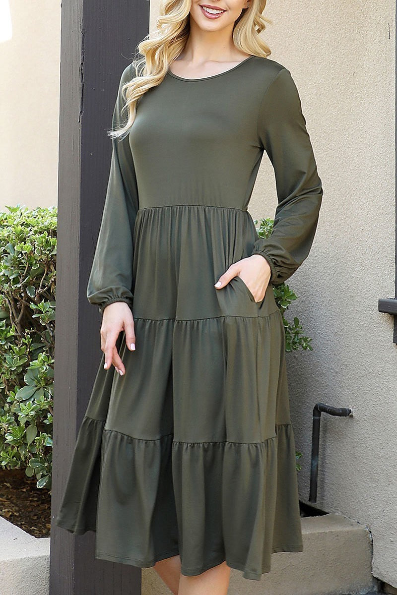 Solid long sleeve elastic waist tiered dress (DED8893-1)