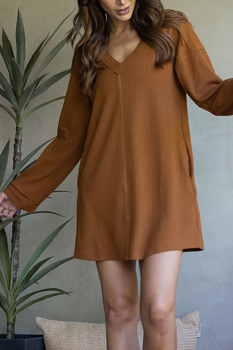 Ribbed knit long sleeves mini dress (EDSW3666)