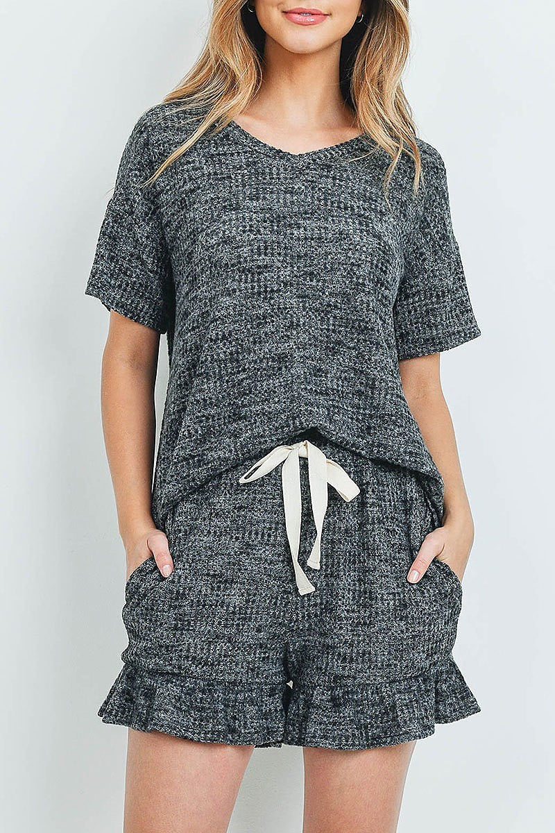 Waffle top and shorts set with self tie (ED9247)