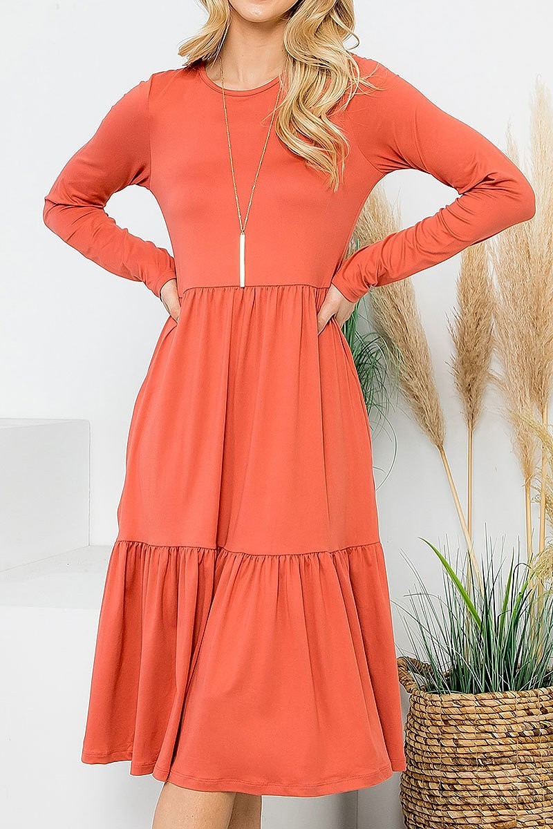 Solid long sleeve tiered pocket flare dress (DED8853)