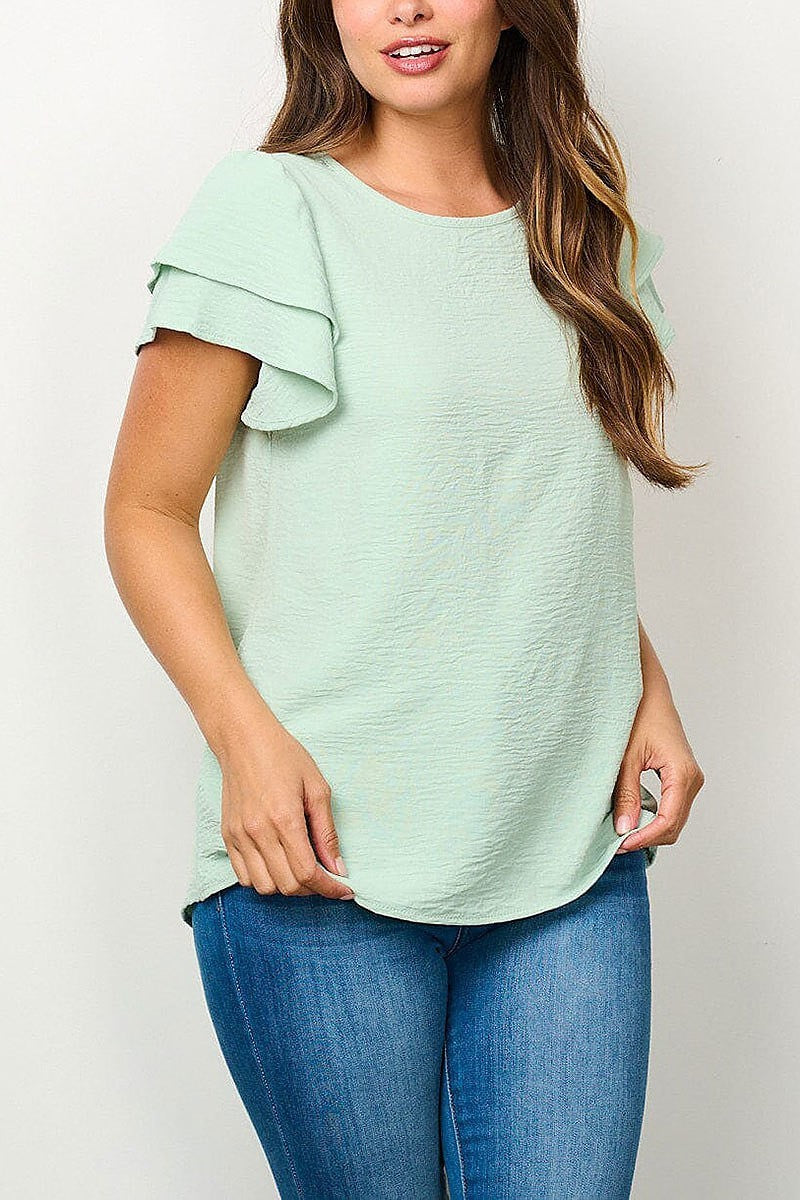 Short ruffle sleeve solid blouse top (EFWT6666)