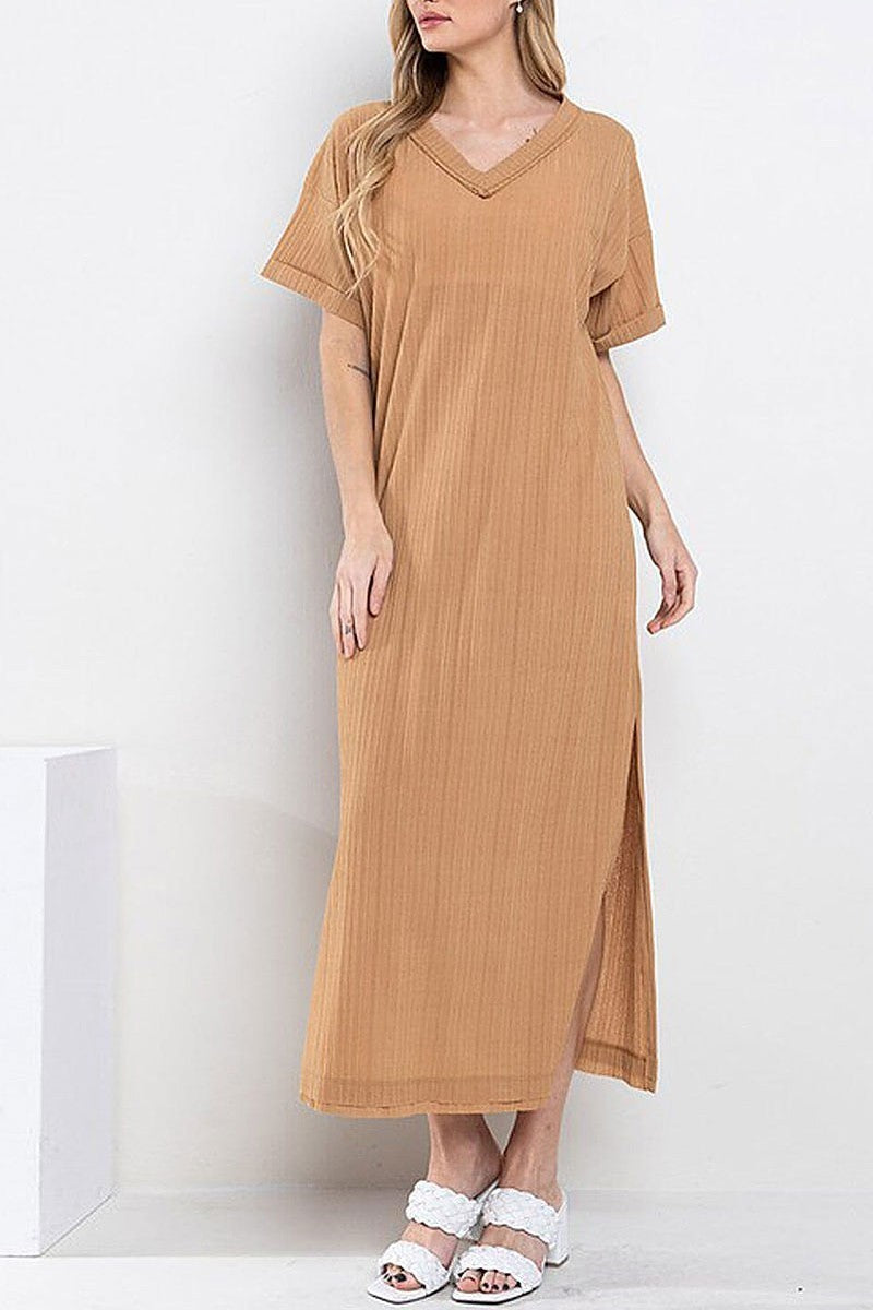 Short sleeve v-neck tunic ribbed maxi dress (EFWT9537)