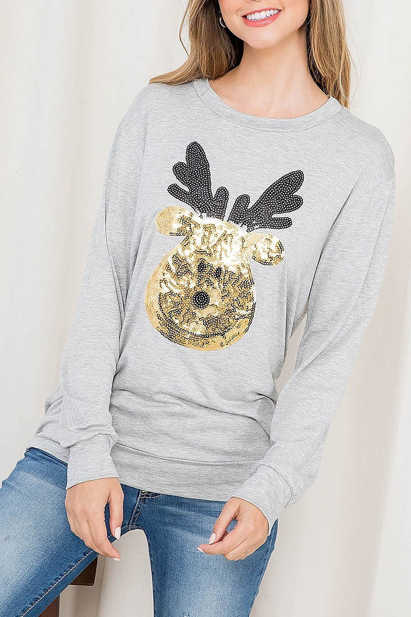 Sequin moose print long sleeve top (EF2700)