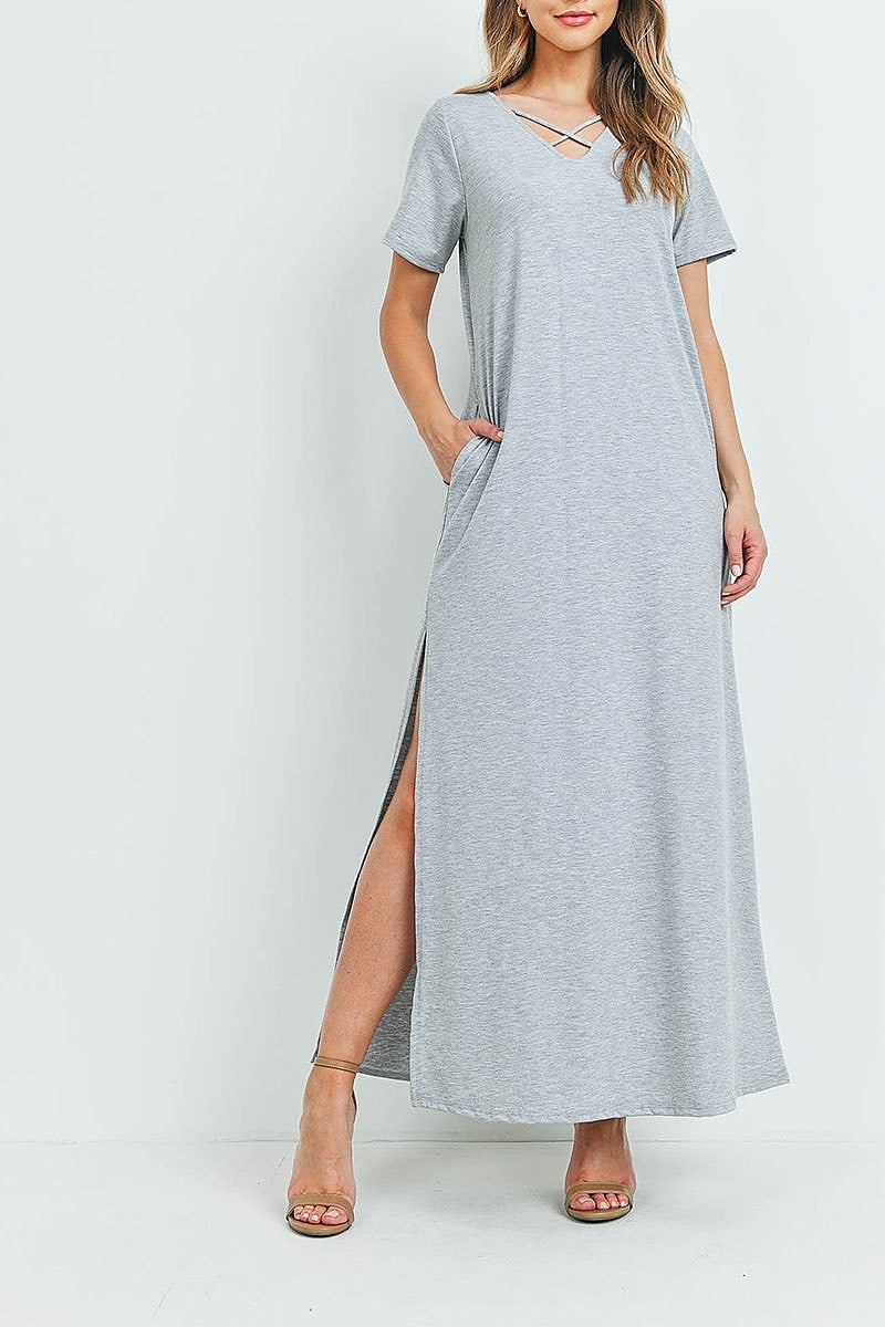 Crisscross neck short sleeve maxi pocket dress (DED6217)