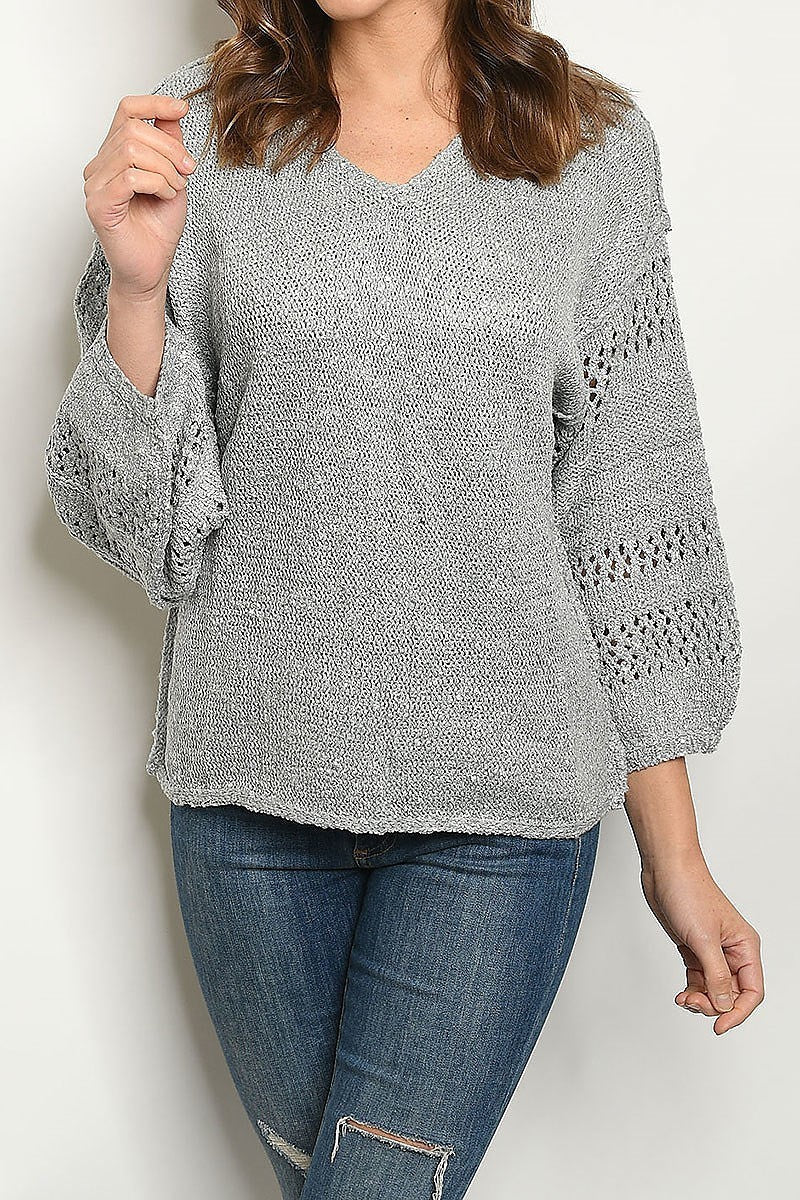 V neck crochet bubble sleeve sweater (DGS4848-3)