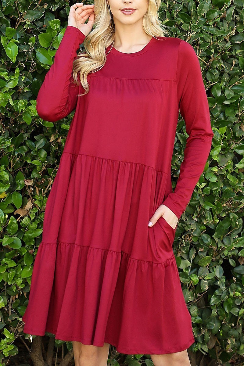 Solid long sleeve shirring tiered detailed dress (DED9802-1)