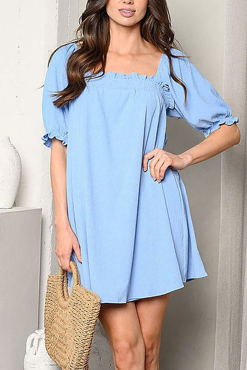 Short puff sleeve square neck tunic mini dress (EDWT9524)