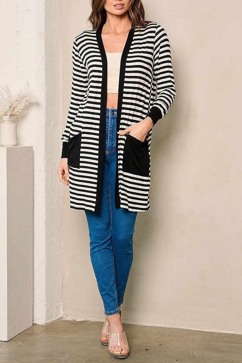 Long sleeve open front pockets stripes cardigan (EFWT4360)