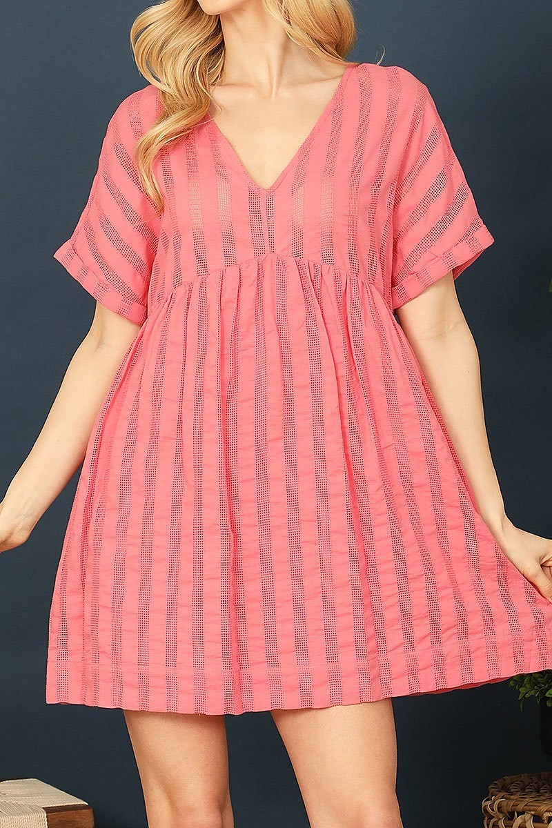 V-neck short sleeve textured babydoll dress (DED9273)