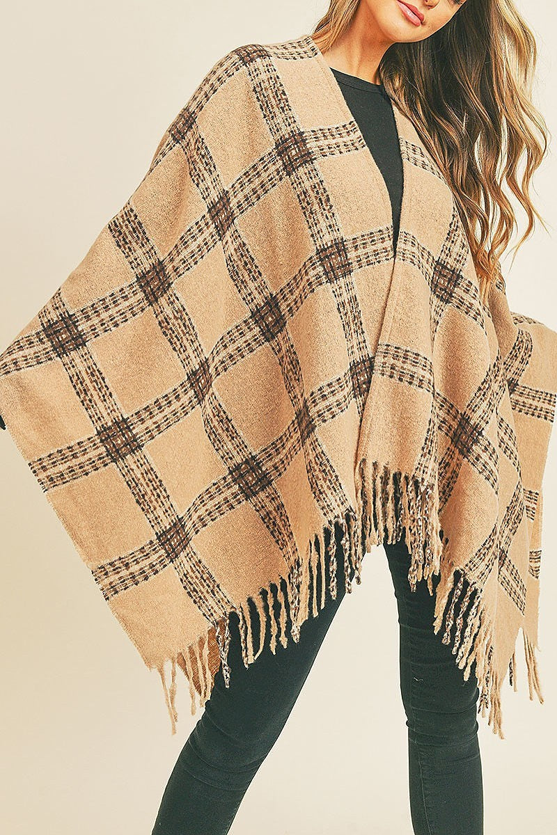 Fringe detail plaid pattern ruana kimono (DGS5732)