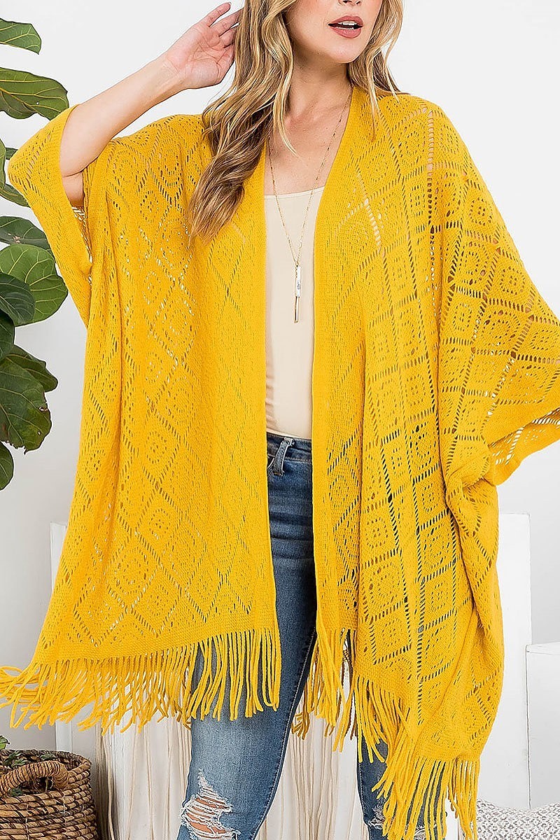 Crochet diamond pattern fringe ruana kimono (DGS5880)