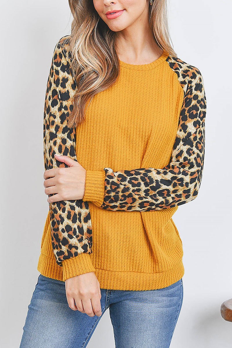 Leopard raglan sleeve knit waffle top (EF2695)