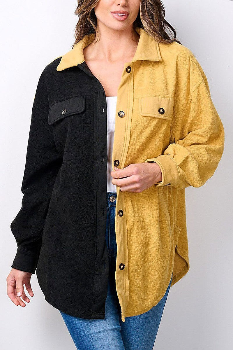 Long sleeve button up oversized colorblock top (EFWT7491)