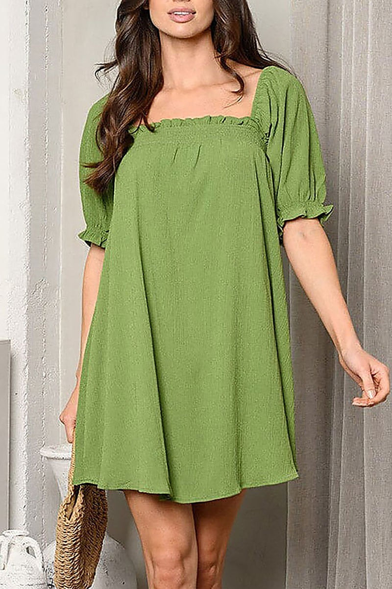 Short puff sleeve square neck tunic mini dress (EDWT9524)