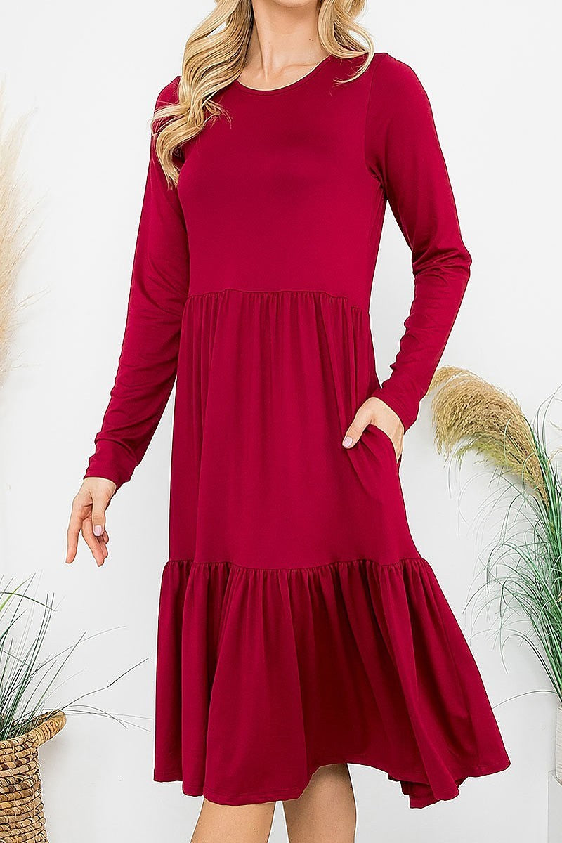 Solid long sleeve tiered pocket flare dress (DED8853)