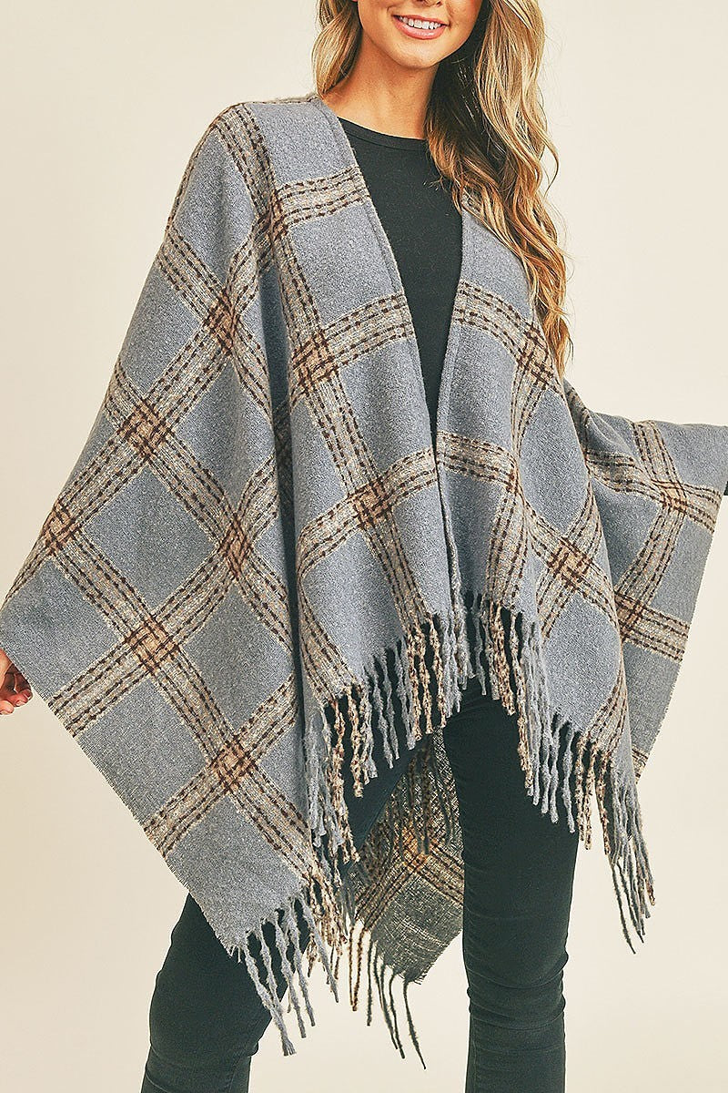 Fringe detail plaid pattern ruana kimono (DGS5732)