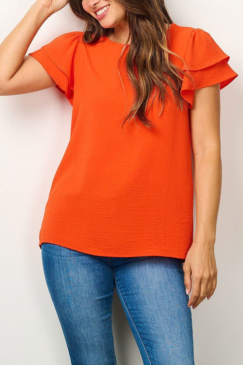 Short ruffle sleeve solid blouse top (EFWT6666)