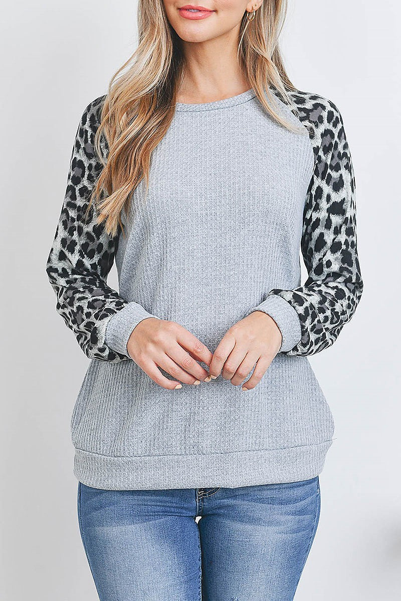 Leopard raglan sleeve knit waffle top (EF2695)