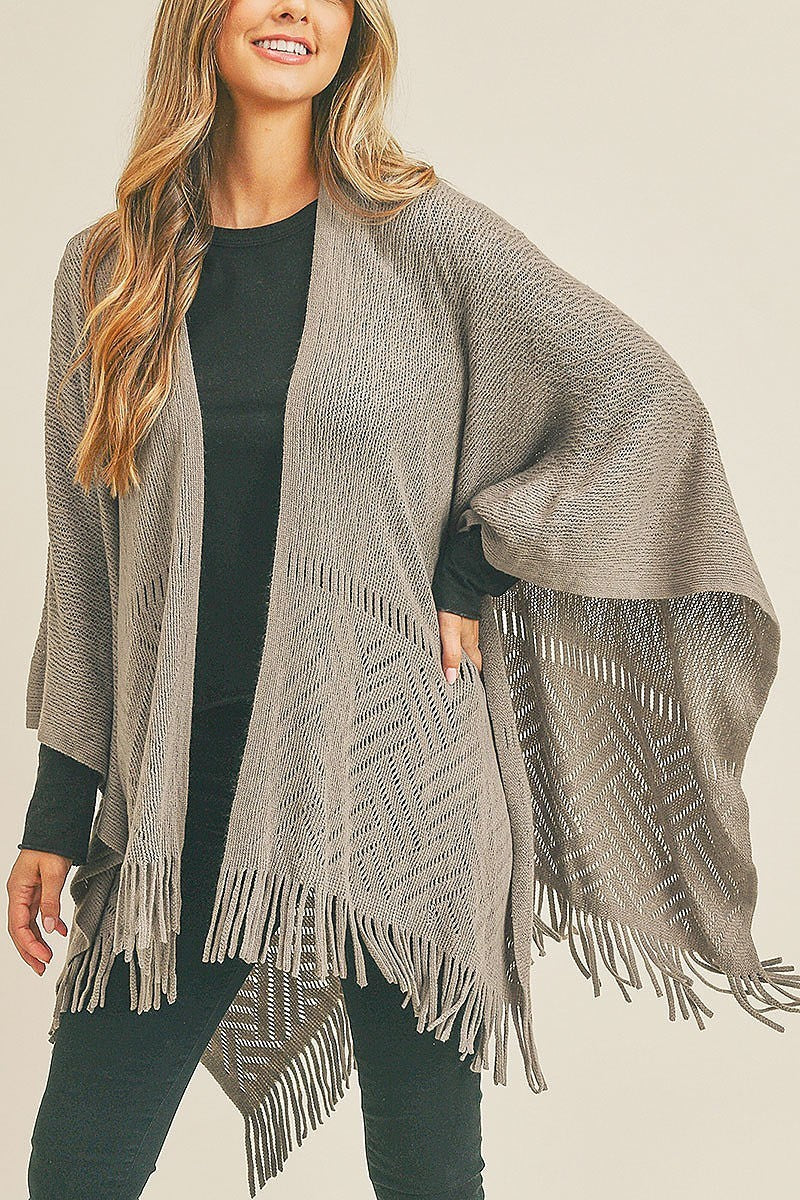 Herringbone knit fringe ruana kimono fringe (DGS5738)