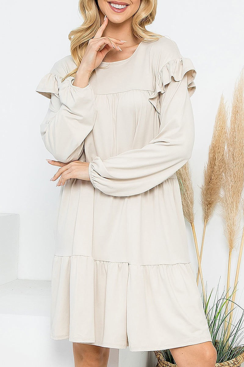 Long sleeve ruffle detail solid dress (DED8851-2)