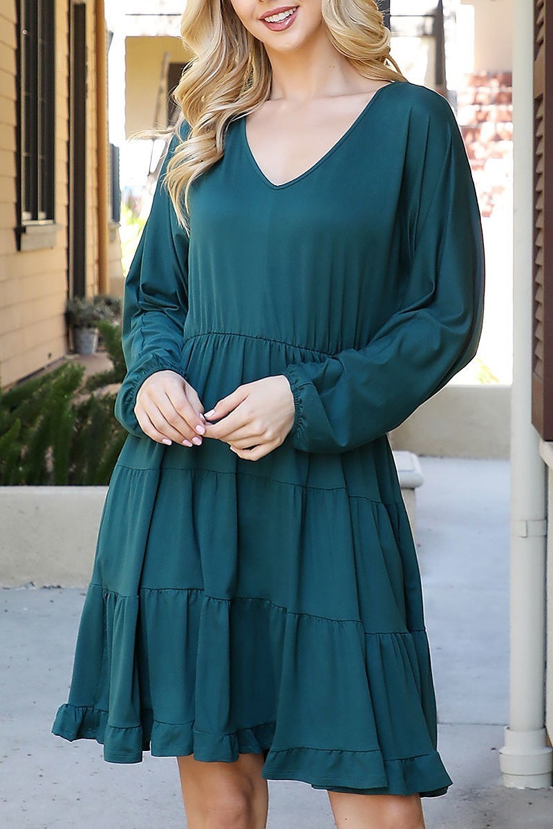 Solid long sleeve tiered ruffle dress (DED8913)