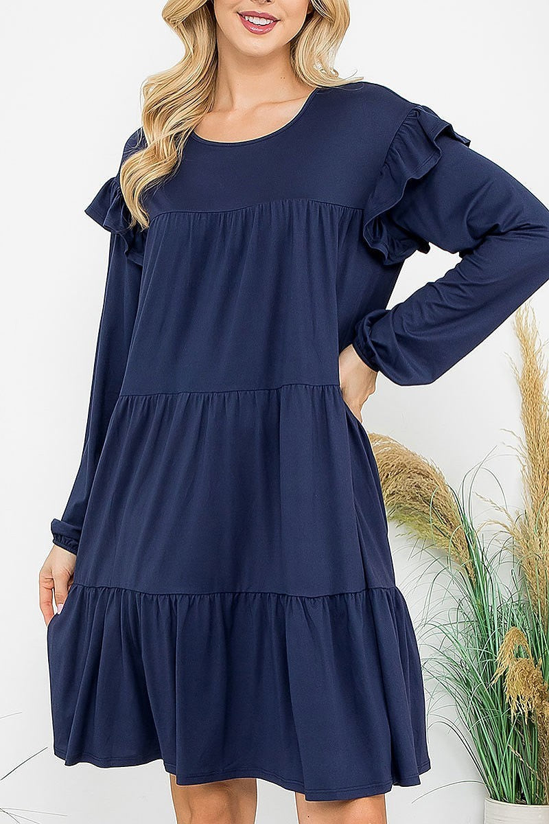 Long sleeve ruffle detail solid dress (DED8851)