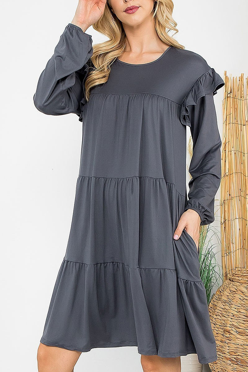 Long sleeve ruffle detail solid dress (DED8851-2)