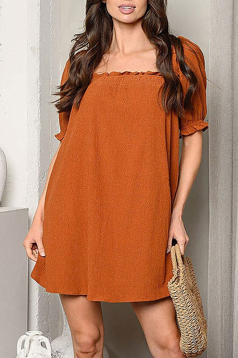 Short puff sleeve square neck tunic mini dress (EDWT9524)